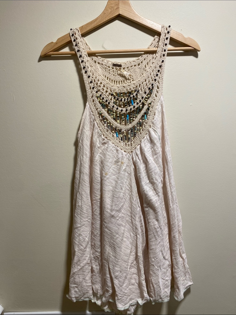 Free People Cream Crochet Yoke Beaded Camisole